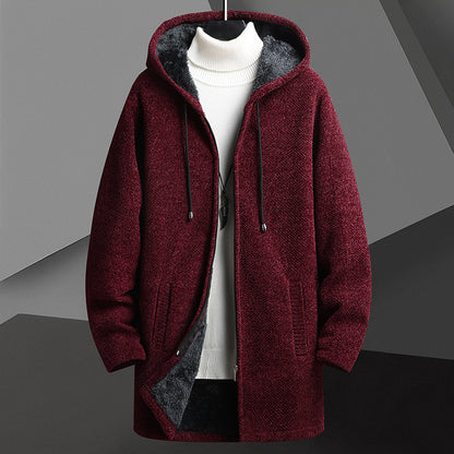 Fall Winter Men Fleece-lined Mid-length Zipper Hooded Sweater Cardigan