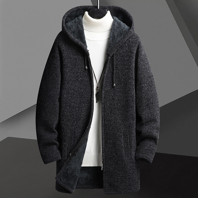 Fall Winter Men Fleece-lined Mid-length Zipper Hooded Sweater Cardigan