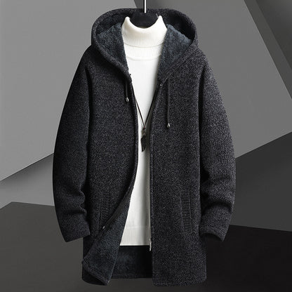 Fall Winter Men Fleece-lined Mid-length Zipper Hooded Sweater Cardigan