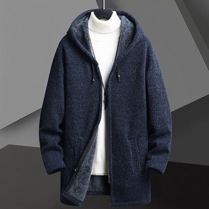 Fall Winter Men Fleece-lined Mid-length Zipper Hooded Sweater Cardigan
