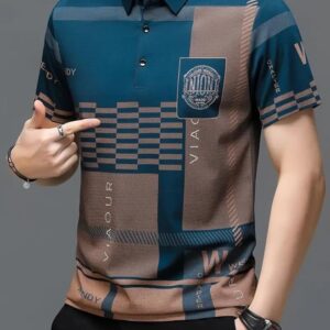 Men's Irregular Geometric Pattern and Alphabet Print Sports Collar Tshirt (Rizim Temu Print Polo-Blue)