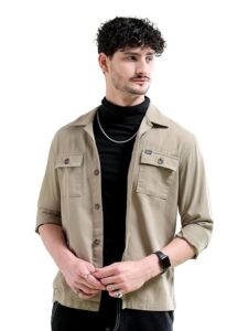 The Indian Garage Co Men's Cotton Slim Fit Placement Print Full Sleeves Cutaway Collar Double Flap Pocket Casual Over Shirt