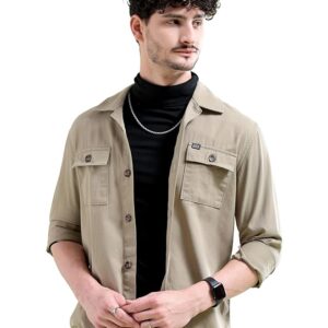 The Indian Garage Co Men's Cotton Slim Fit Placement Print Full Sleeves Cutaway Collar Double Flap Pocket Casual Over Shirt