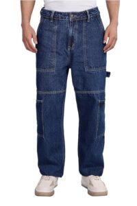 INKD Men's Carpenter Baggy Jeans – Mid-Rise | 100% Cotton | Contrast Stitch| 6 Pocket Styling | Baggy Jeans for Man | Loose fit & Comfortable