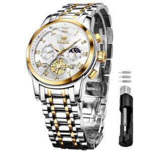 OLEVS Watches for Men Chronograph Business Wrist Watches Analog Quartz Moon Phase Stainless Steel Waterproof Luminous Dress Watches